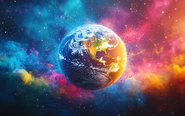 Obraz premium A vibrant planet Earth surrounded by colorful paint splashes, glowing energy radiating from the surface, dynamic and artistic concept, ultrarealistic, 8K