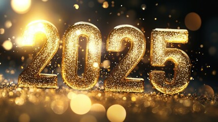 Golden "2025" numbers with glitter and bokeh lights for a festive celebration
