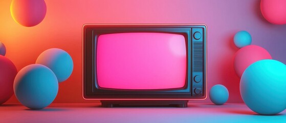 Retro Television with Colorful Background and 3D Spheres