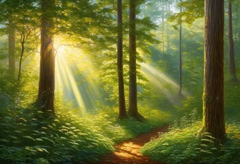 Obraz premium radiant sunlight streaming through majestic forest canopy lush green wooded setting ideal nature lovers outdoor adventures, atmosphere, beams, biodiversity