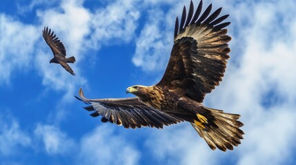 Obraz premium Majestic Eagle Soaring Through Bright Blue Sky with Fluffy Clouds and Another Bird in Flight, Showcasing Nature's Beauty and Freedom in the Wilderness