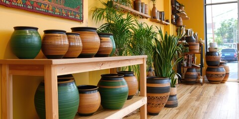 Fototapeta premium A vibrant interior showcasing artistic pottery displayed on wooden shelves, adorned with greenery against a cheerful yellow wall.