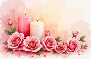 Watercolor drawing of roses and candles on a background for copying