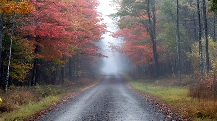 Obraz premium Road leading into a foggy forest with morning light streaming through the trees