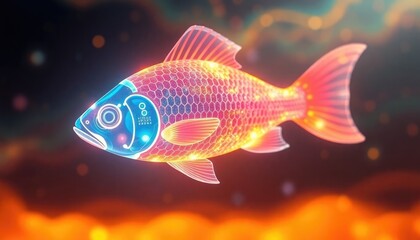 Fototapeta premium 4K HD Wallpapers Holographic Glowing Fish With Digital Scales, Swimming Through An Abstract Ocean. Desktop Wallpaper HD. HD Backgrounds