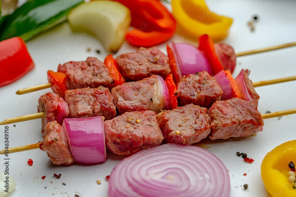 Wall mural Grilled beef skewers with bell peppers and onions.