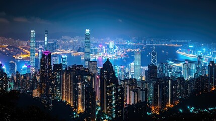 Fototapeta premium Breathtaking Night View of Hong Kong's Skyline Illuminated with Vibrant Lights and Stunning Architecture Overlooking the City and Harbor's Scenic Beauty