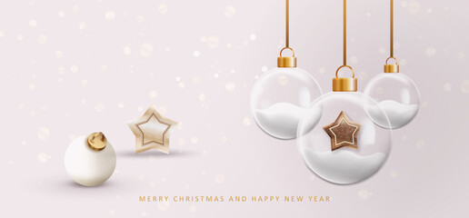 Glass balls Christmas background. Transparent balls with cookie star and snow inside. Holiday card with glossy snowball. Vector x-mas design.