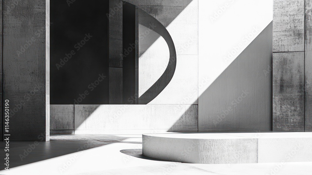 Poster A minimalist architectural space with geometric shapes and contrasting light and shadow.
