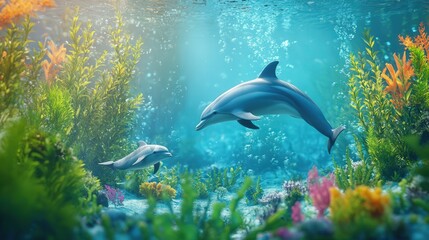 Obraz premium a mother dolphin leading her calf through an enchanting marine forest of seaweed and coral
