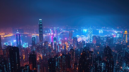 Fototapeta premium Stunning Aerial Night View of a Vibrant City Skyline Illuminated by Colorful Lights and Reflections Over Water in a Bustling Metropolitan Area