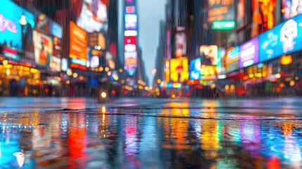 Naklejka premium Rainy city street with neon reflection and blurred background