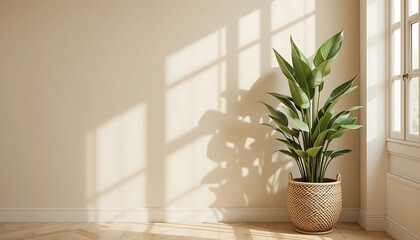 Fototapeta premium Elegant beige wall with a large snake plant in a woven basket planter, adding a cozy touch for background wall design