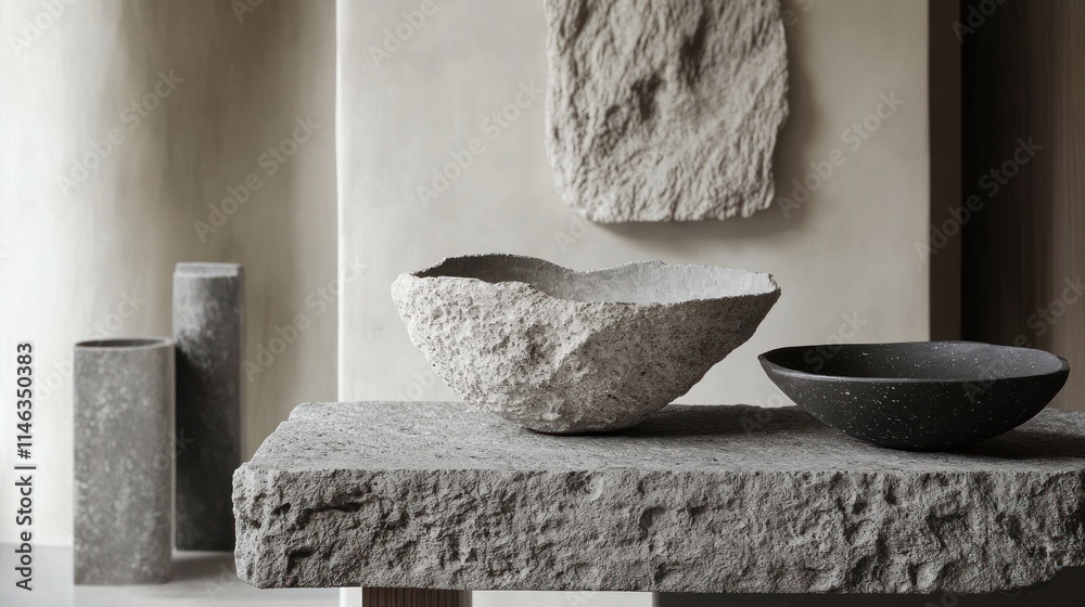 Poster a minimalist arrangement of textured stone bowls and vases on a rustic surface.