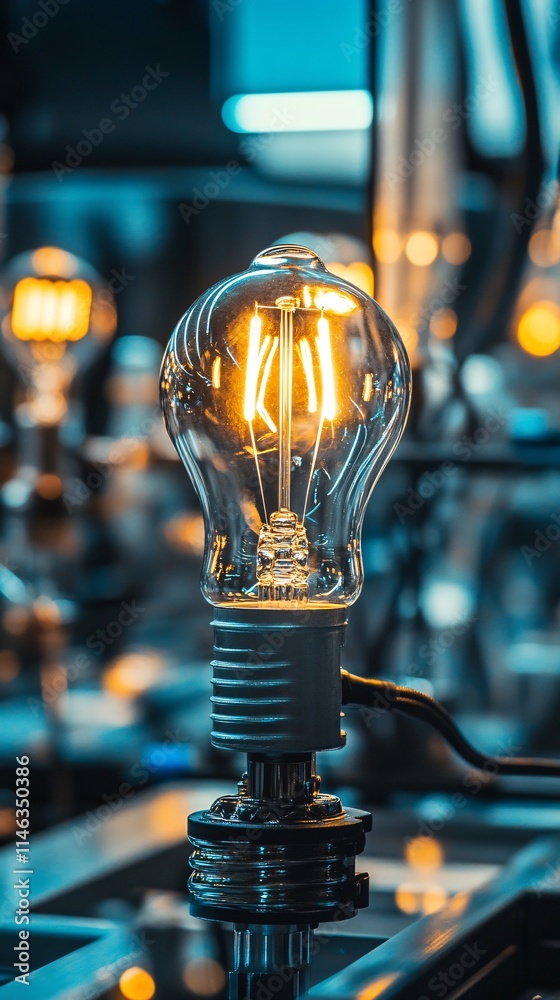Aufkleber glowing led filament light bulb in production line illuminating modern factory
