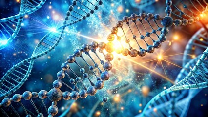 Innovative biotechnology conceptual background featuring DNA strands, molecular structures, and scientific elements representing genetic research and technological advancements