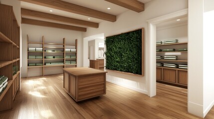Fototapeta premium A modern interior featuring wooden shelves, a central island, and a green living wall, creating a clean and inviting atmosphere.