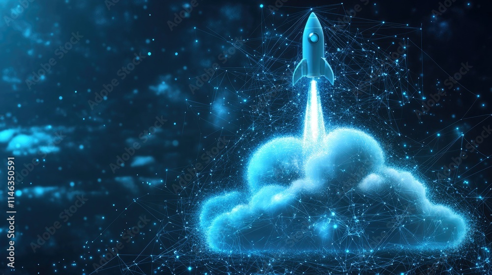 Poster digital rocket launching from cloud with futuristic data network background representing technology 