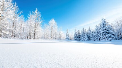 Obraz premium Sunlit snowy landscape with snow-covered trees.