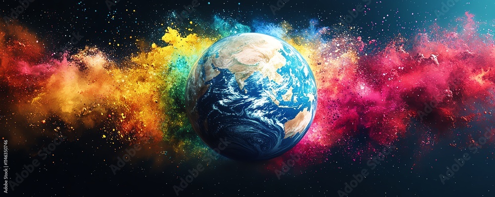 Poster earth s globe wrapped in swirling, vibrant paint splashes, creating a dynamic and colorful atmospher