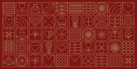 Valentine's day geometric background in line style. Modern pattern with minimalist Valentines day gold line icons. Love and hearts. Trendy design for print, banner, fabric, card, wrapping paper, cover