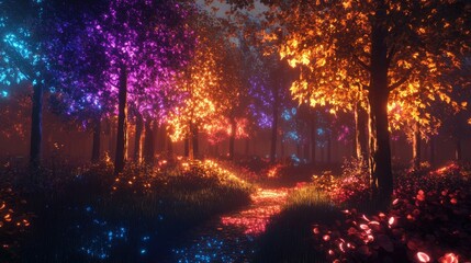 Enchanted Forest at Night with Glowing Trees and Vibrant Colors Illuminating a Peaceful Pathway Through Nature's Magical Landscape