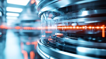 Futuristic glass and metal cylinder rotating with orange lights in a technological environment