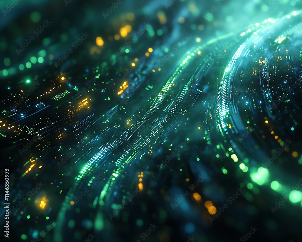 Aufkleber Futuristic global network infrastructure with interconnected data streams, glowing digital nodes, vibrant blue and green light effects, ultradetailed, photorealistic, 8K