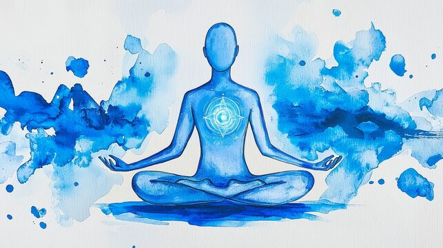A meditative watercolor painting featuring a person in yoga pose, highlighting the sacral orange chakra, symbolizing mental health, spiritual healing, and peace, set against an abstract universe