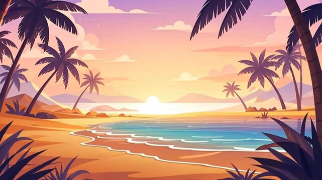 Serene sunset over a tropical beach, palm trees silhouetted against a vibrant sky. Perfect for travel, vacation, or relaxation themes.
