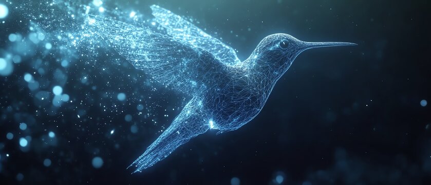 Futuristic hummingbird flying through a world of digital light streams and fractals, creative AIgenerated art, ultradetailed, photorealistic, 8K