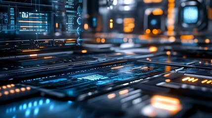 Futuristic server room processing big data with holographic interface