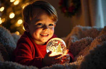 Cute little boy in red sweater with snow globe toy at home