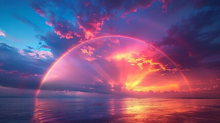 Vibrant sunset over the ocean with a breathtaking rainbow arching across the sky. A magical scene of pink, orange, and blue hues.