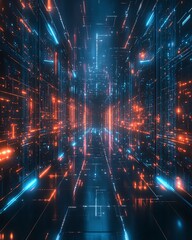 Fototapeta premium Hightech networking hub with glowing digital pathways, data transfer visuals, sleek futuristic architecture, ultradetailed, photorealistic, 8K