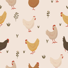 Cute Chickens Seamless Pattern with Floral on a Light Background. Farm Animals Pattern. Hand Drawn Vector Illustration.