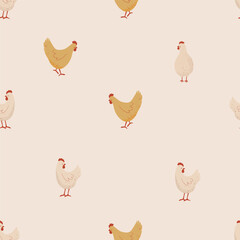 Cute Chickens Seamless Pattern on a Light Background. Farm Animals Pattern. Hand Drawn Vector Illustration.