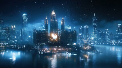 Fototapeta premium Stunning Nighttime Cityscape with Sparkling Lights and Dramatic Skyscrapers Reflecting in Calm Water Surrounded by Mist and Enigmatic Glow of a Modern Metropolis