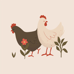 Cute Chickens Composition with Floral on a Light Background. Farm Animals and Flowers. Hand Drawn Vector Illustration.
