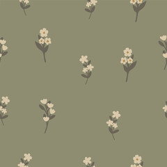Fototapeta premium White Flowers Seamless Pattern on a Green Background. Botanical Pattern. Hand Drawn Vector Illustration.