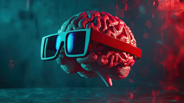 Abstract representation of a human brain wearing stylish sunglasses in a futuristic setting with vibrant red and blue lighting effects, symbolizing intelligence, creativity, and technology.