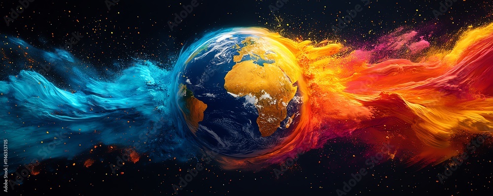 Poster planet earth with radiant paint splashes surrounding the globe, creating a surreal and colorful atmo