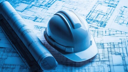 Construction Planning and Safety Equipment - Architectural Blueprints, Hard Hat, and Rolled Plans Highlighting Project Development and Design Process