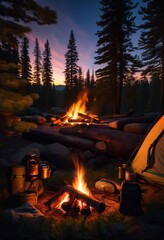 detailed outdoor campfire setup featuring organized gear equipment arrangement hiking camping adventures, nature, campsite, firepit, wood, cooking