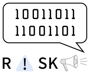 Binary code contained in speech bubble above a sequence of R and SK separated by a warning sign. Next to the warning sign is a megaphone emitting sound. Ideal for cybersecurity alerts, digital safety