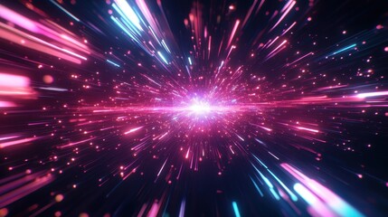 Dynamic abstract illustration of light streaks radiating from a central point in a vibrant, colorful space setting