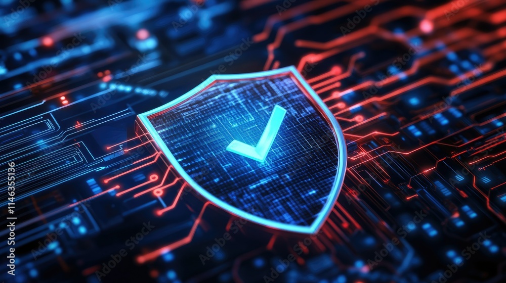 Poster Digital Shield with Checkmark Symbol on Circuit Board Background Representing Cyber Security and Data Protection Concepts in Modern Technology