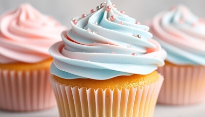 Three pastel cupcakes with swirled frosting and sprinkles.