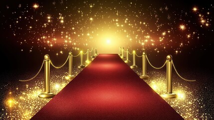 Awards show dark red carpet path with a golden barrier, celebrity's event realistic composition