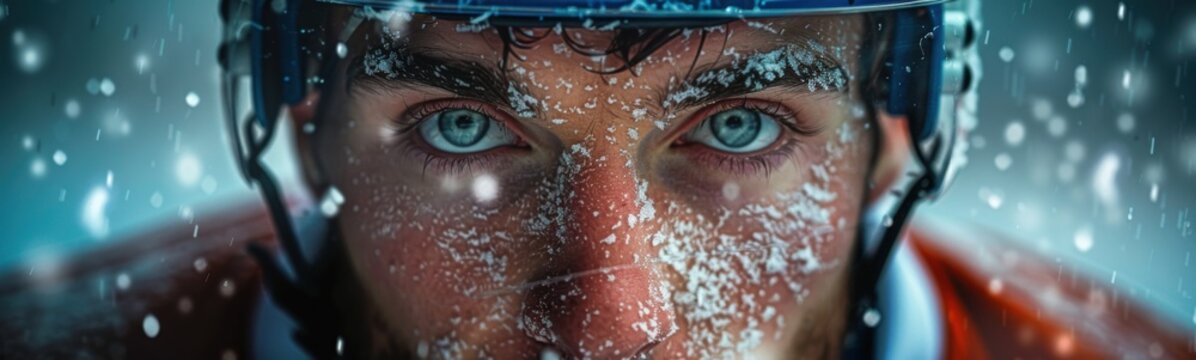 Man with a helmet on and a face covered in snow